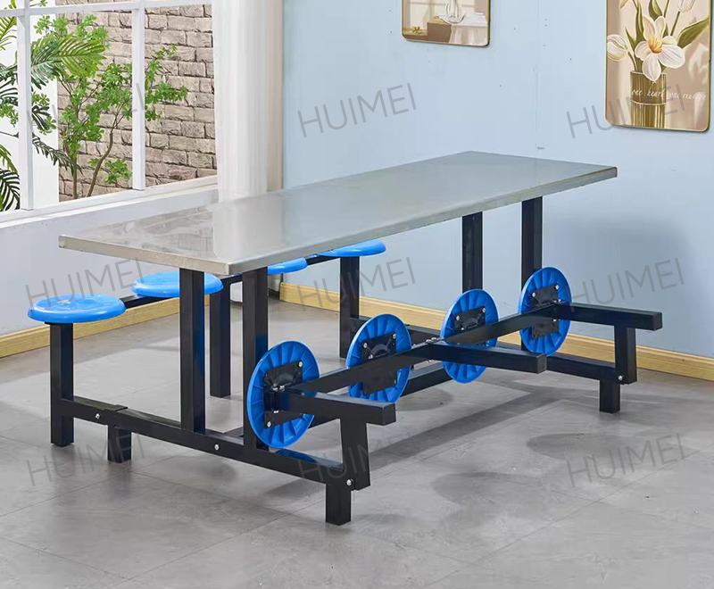 Huimei Steel Frame Student Canteen Table with Fixed Round Stools (Silver/Blue) HMZX-014